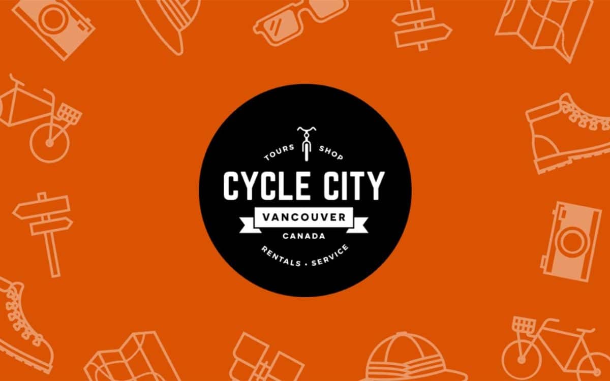 Cycle City Vancouver Canada, Tours, Shop, Rentals, Service text in white over a black circle with an orange background with graphic images including a bike, boots, maps, signs, and cameras