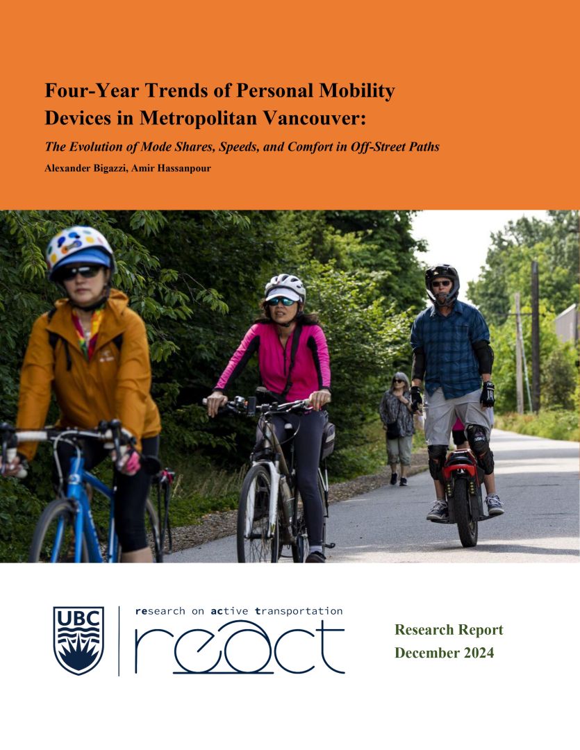 The title page of the report called "Four-Year Trends of Personal Mobility Devices in Metropolitan Vancouver: The Evolution of Mode Shares, Speeds, and Comfort in Off-Street Paths" by Alexander Bigazzi and Amir Hassanpour.