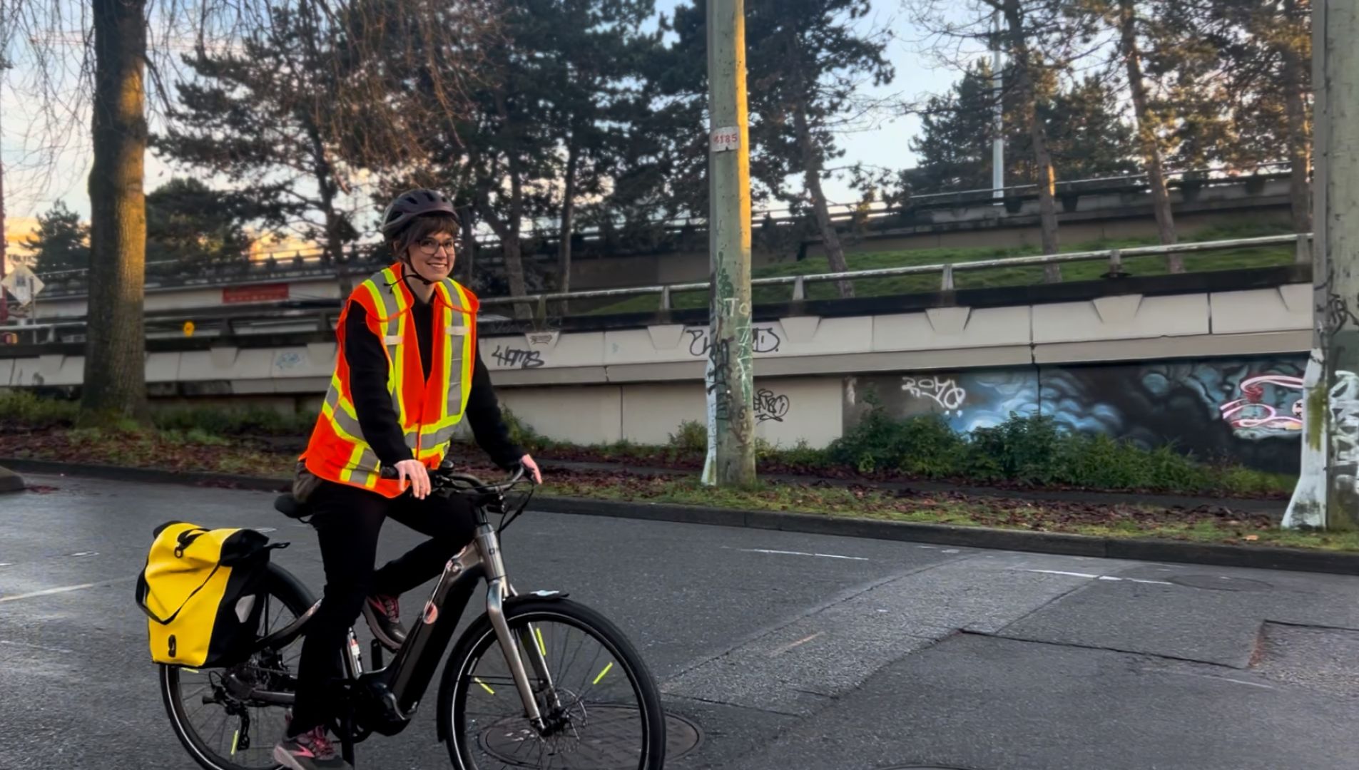 Chelsea riding her new e-bike along Union bike route.