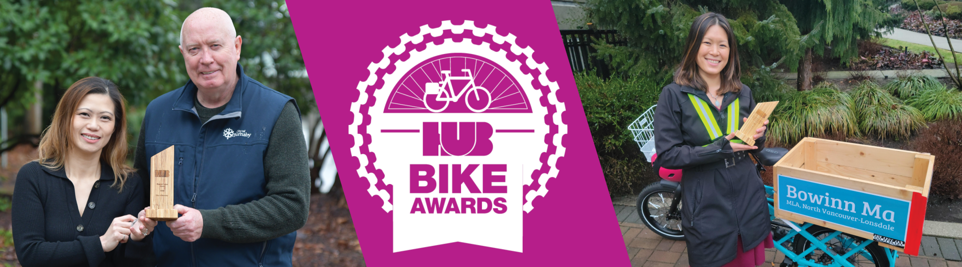 HUB Bike Awards banner. Features images of Burnaby's Mayor Mike Hurley and MLA Hon. Bowinn Ma. 