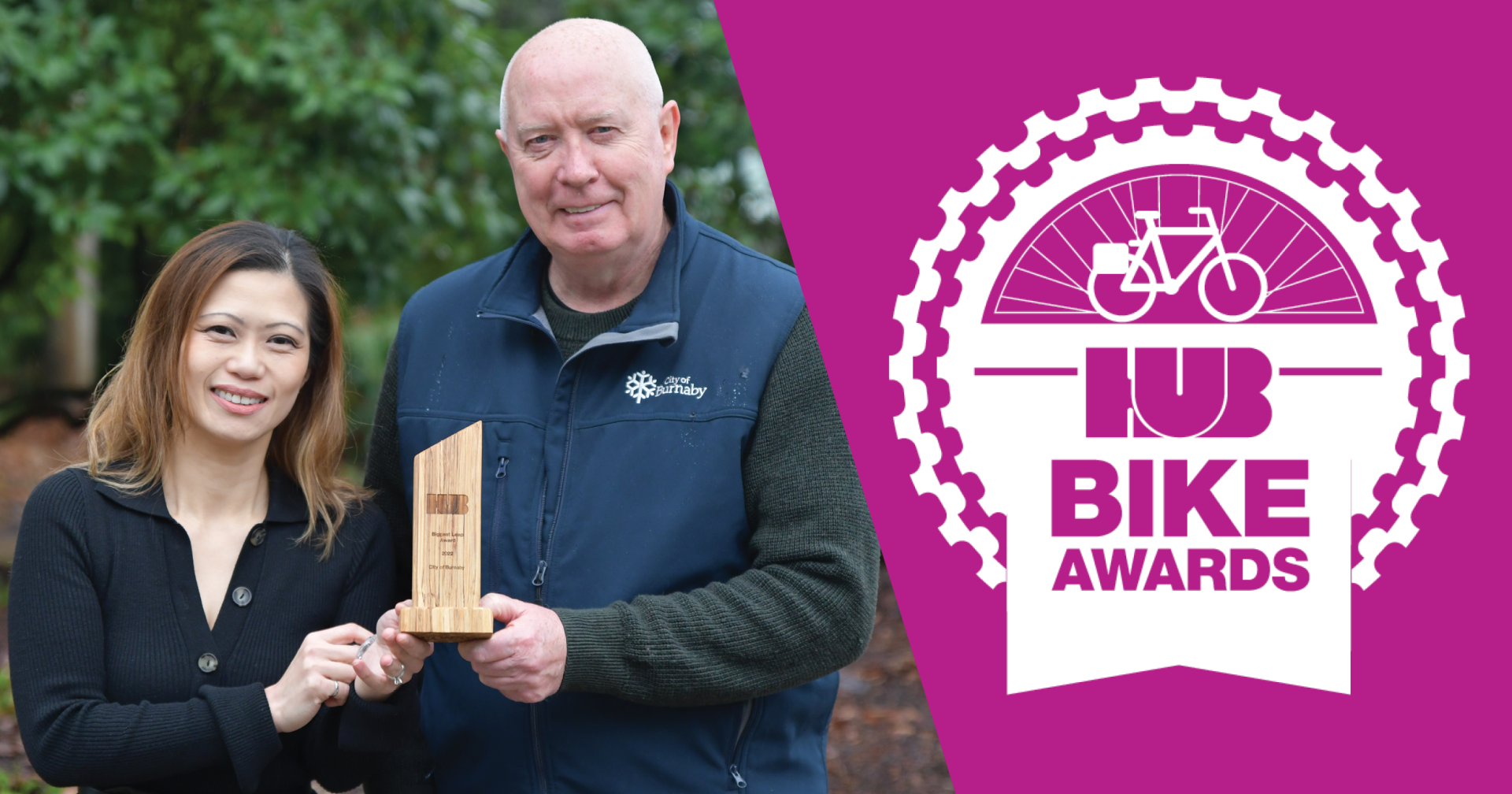 A social image graphic with the 'HUB Bike Awards' logo and a photo of Burnaby Mayor Mike Hurley and his executive assistant holding a bike award.