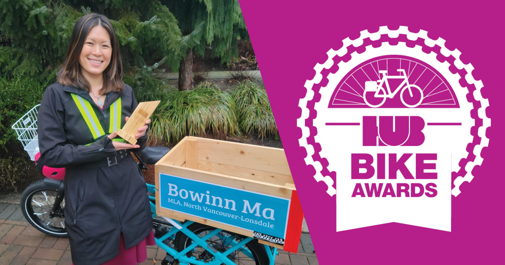 A social image graphic with the 'HUB Bike Awards' logo and a photo of Bowinn Ma with her e-cargo bike.