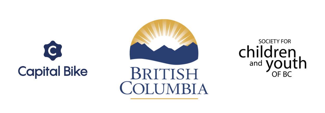 A logo slurry that includes the logos of Capital Bike, the Government of BC, and the Society for Children and Youth of BC.