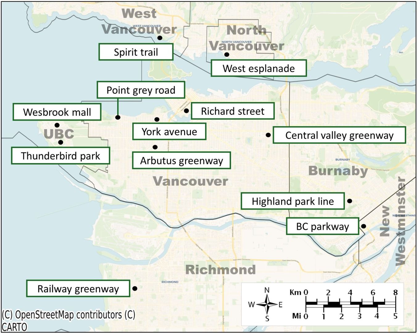 A map of various popular cycling and multi-use paths in Metro Vancouver.