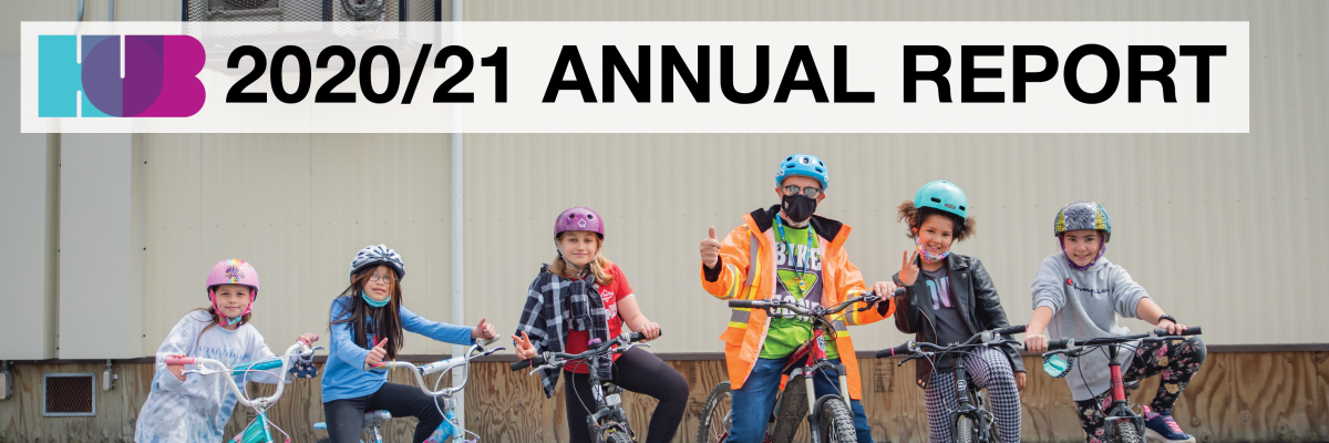 2020/21 Annual Report. A bike education instructor poses with five students from a Learn 2 Ride course.