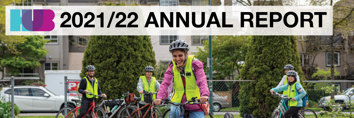 2021/22 Annual Report. A female student in the Newcomer Bike Mentorship Program rides her bike smiling. We see several other students behind her.