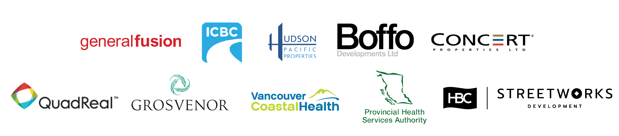 A logo slurry of the Bike-Friendly Building Consulting team's clients. Past clients include general fusion, ICBC, Hudson Pacific Properties Boffo Developments, Concert Properties, QuadReal, Grosvenor, Vancouver Coastal Health, Provincial Health Services Authority, and HBC Streetworks.
