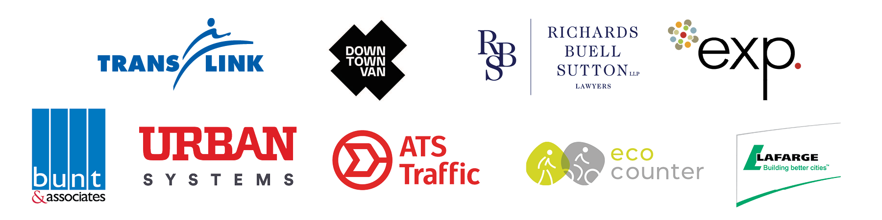A logo slurry of HUB Cycling's 2023 Bike Awards sponsors, including TransLink, Downtown Vancouver, Richards Buell Sutton LLP, EXP, bunt & associates, Urban Systems, ATS Traffic, Eco-counter and Lafarge.