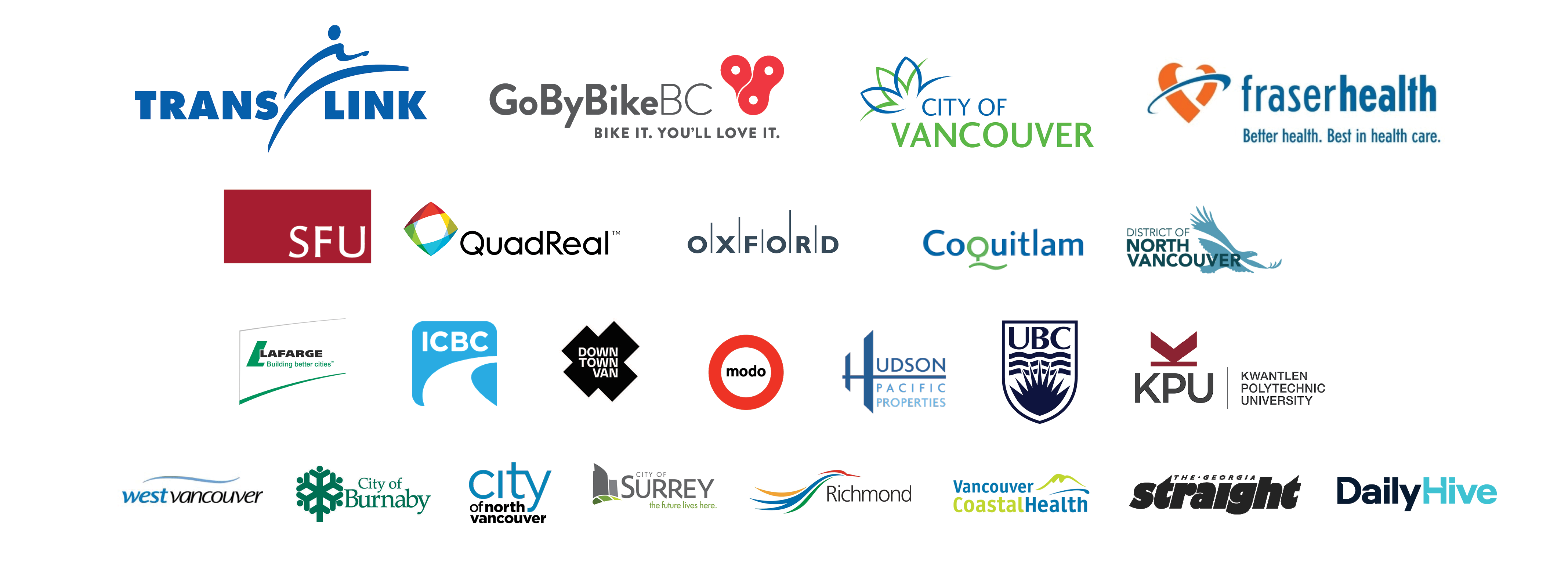 A slurry of 2023 Fall Go by Bike Weeks sponsor logos. Sponsors include TransLink, GoByBikeBC Society, City of Vancouver, Fraser Health, SFU, QuadReal, Oxford Properties, City of Coquitlam, District of North Vancouver, Lafarge Canada, ICBC, Downtown Vancouver BIA, Modo, Hudson Pacific Properties, UBC, KPU, District of West Vancouver, City of Burnaby, City of North Vancouver, City of Surrey, City of Richmond, Vancouver Coastal Health, Georgia Straight, and Daily Hive Vancouver.