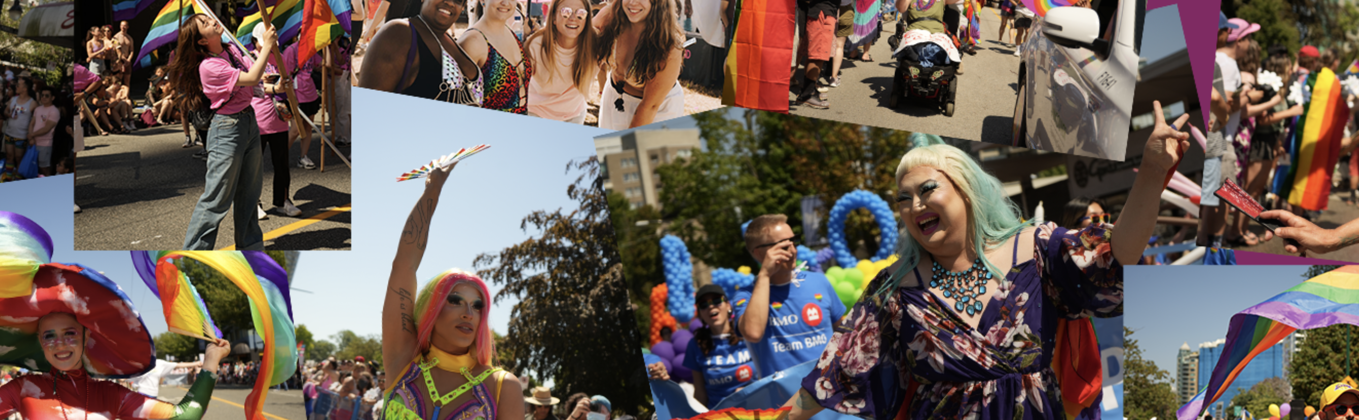 Photo shows a collage of photos taken at Vancouver Pride events. From left, a person wearing a mushroom hat and red, yellow, and green turtleneck waves rainbow ribbons, a person standing with long brown hair wearing a pink shirt and blue jeans waves a rainbow pride flag, a drag queen with pink and yellow hair raises a rainbow fan in the air, a group of four people pose for a photo, a smiling drag queen with blonde and blue hair holds up a peace sign with their fingers, rainbow flags and groups of people visible around collage of images. 