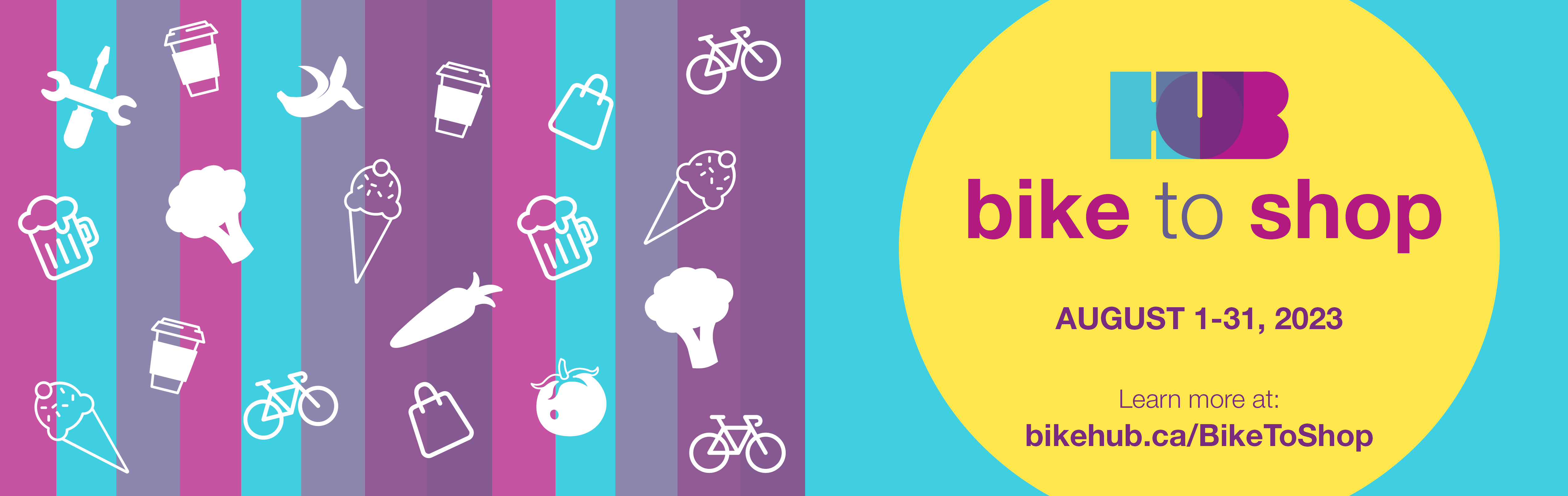 Bike to Shop Banner. The event takes place from August 1-31, 2023.