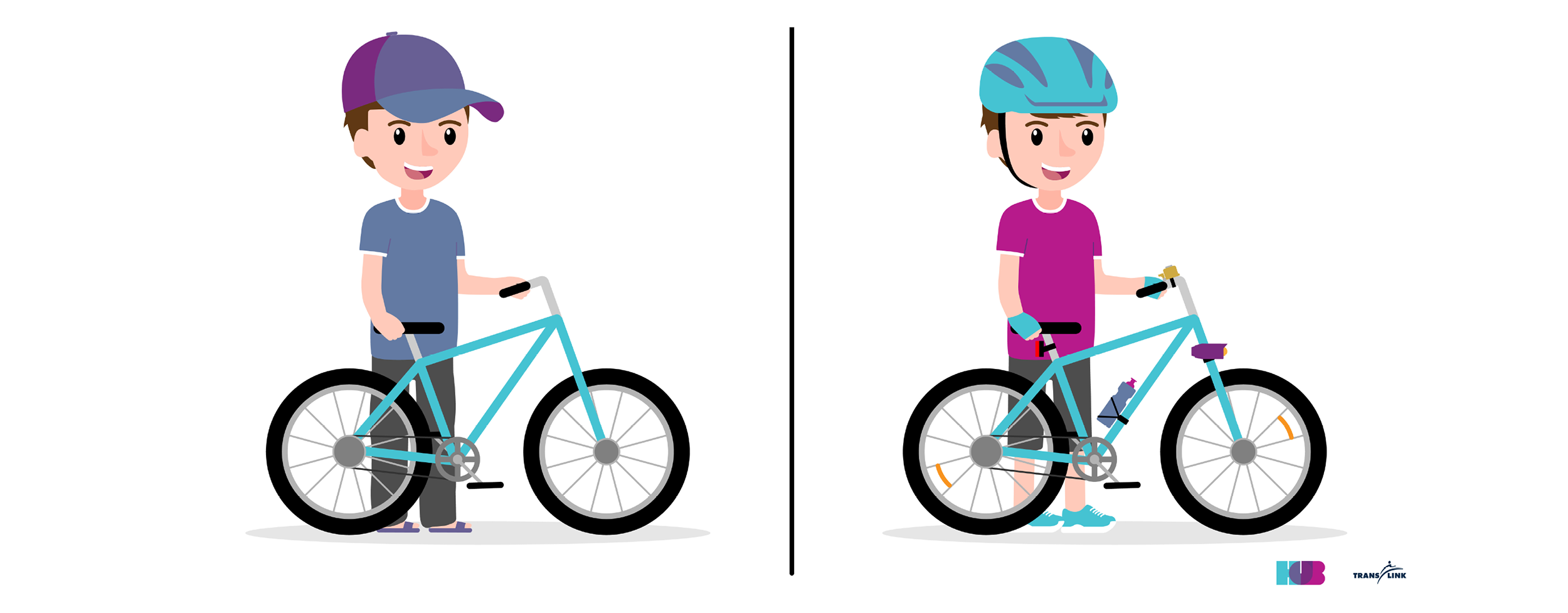 An illustration of two boys standing with their bikes. The boy on the left is not ready to ride yet because he does not have his gear on. The boy on the right is ready to ride because he has his gear on, including a helmet, gloves, water bottle holder, front light and rear light.