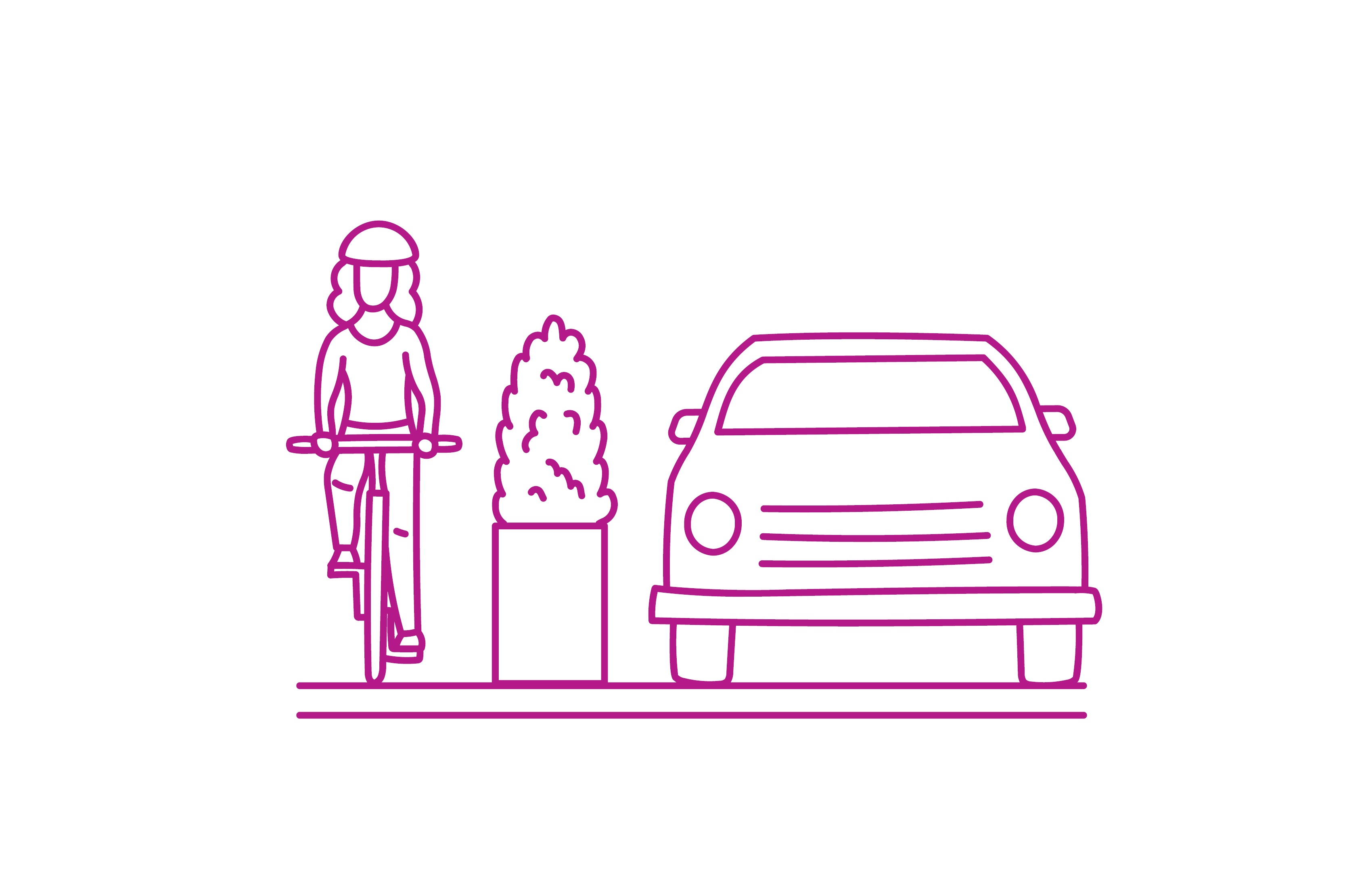 An icon of a woman cycling in a bike lane separated by a row of planters. A car is on the other side.