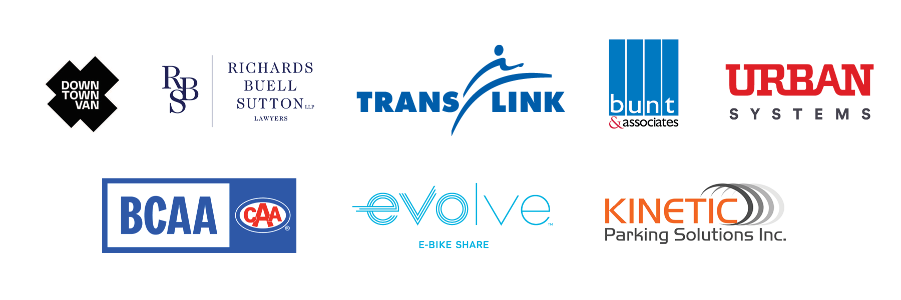 A slurry of logos including TransLink, Downtown Vancouver, Richards Buell Sutton, bunt & associates, BCAA, evolve, Kinetic Parking Solutions Inc., and Urban Systems.