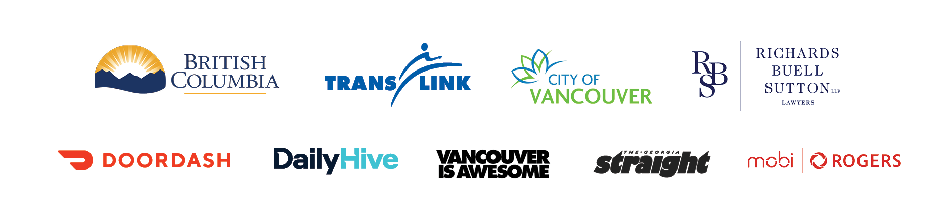 Sponsor slurry that includes logos from the Government of B.C., TransLink, City of Vancouver, Richards Buell Sutton, DoorDash, DailyHive, Vancouver Is Awesome, Georgia Straight, and Mobi by Rogers.