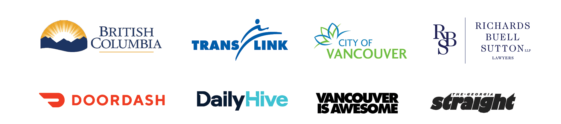 Sponsor slurry that includes logos from the Government of B.C., TransLink, City of Vancouver, Richards Buell Sutton, DoorDash, DailyHive, Vancouver Is Awesome, and Georgia Straight., 