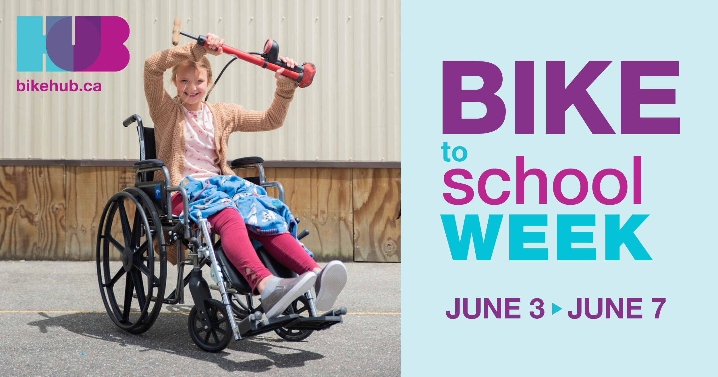 Bike to School Week social graphic with child on wheelchair holding up a bike pump