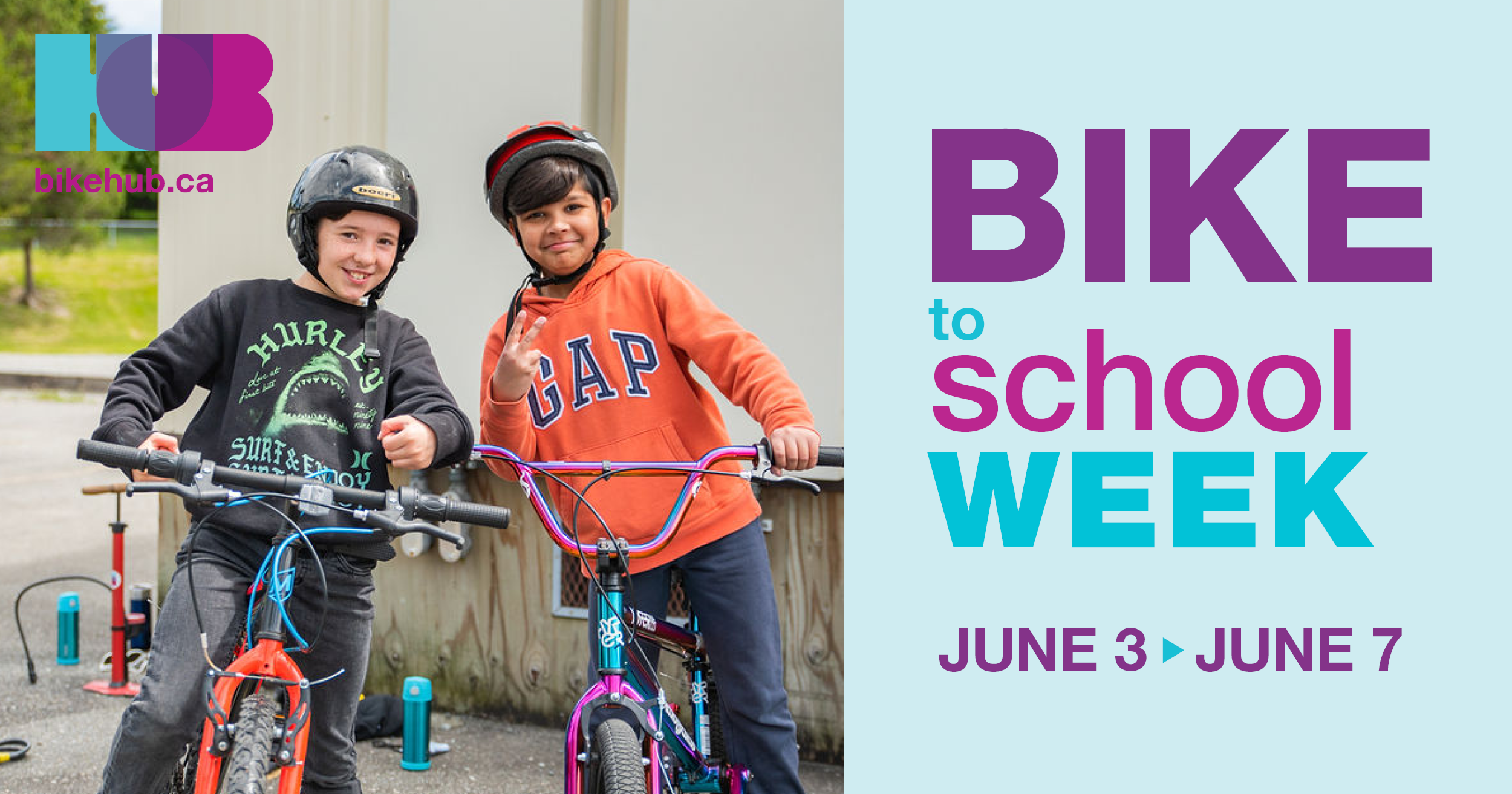 Bike to School Week social graphic with 2 children on bikes looking at the camera
