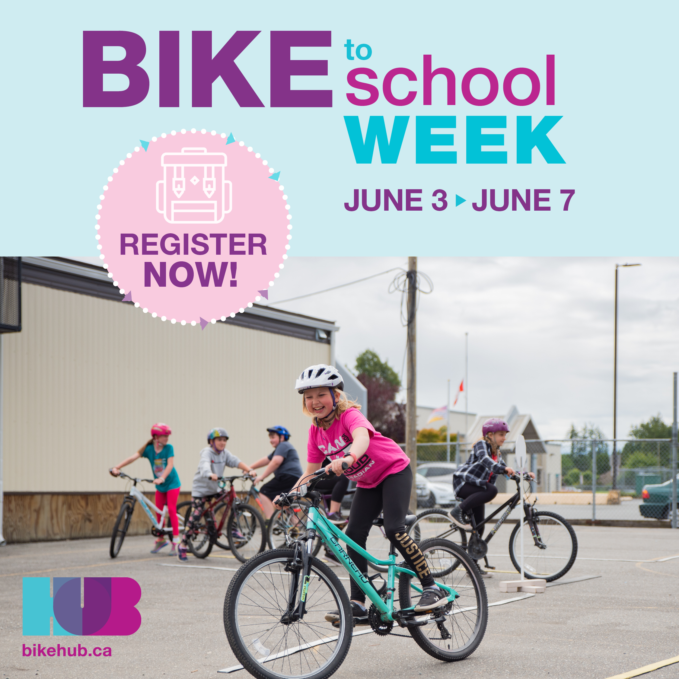 Bike to School Week social graphic with children riding bikes