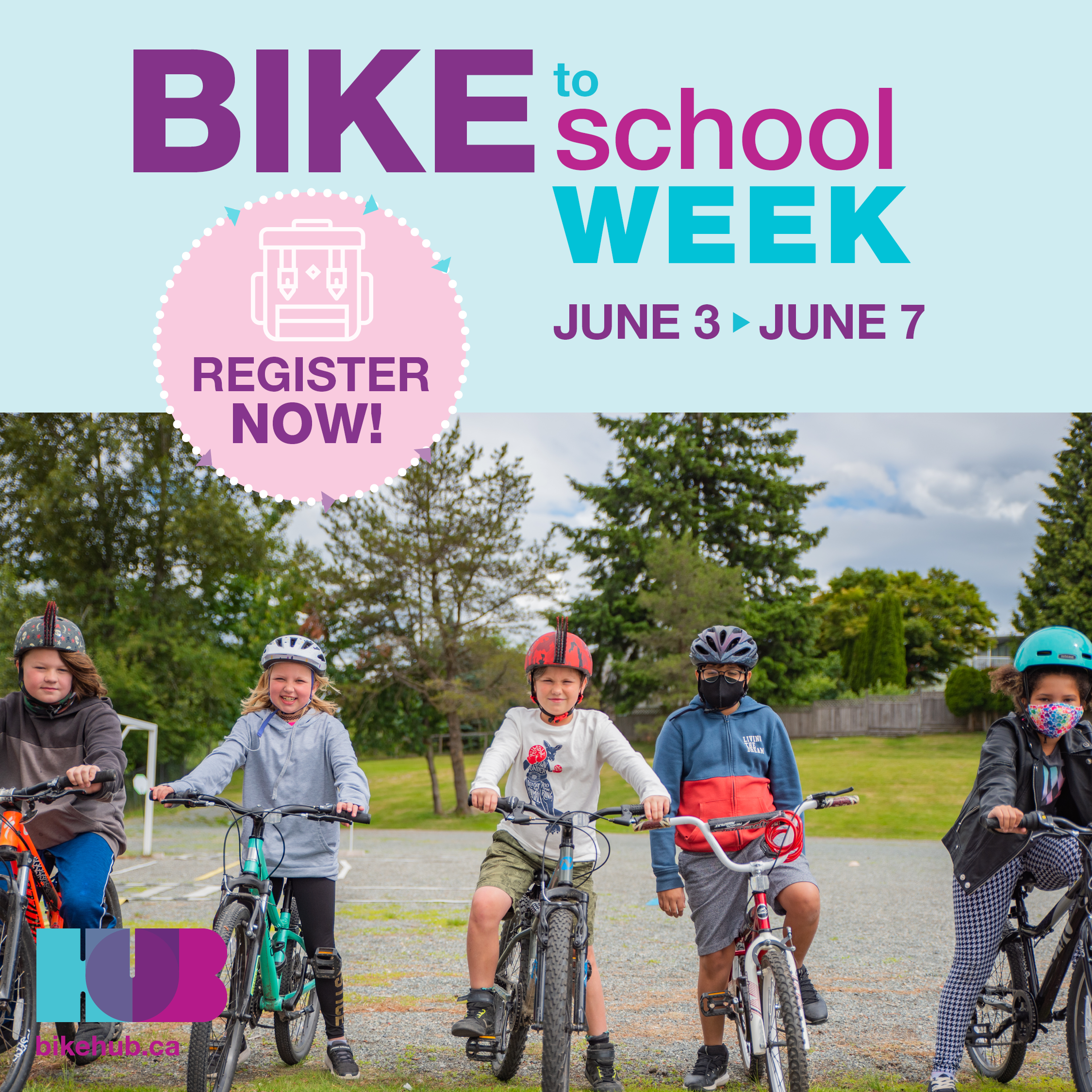 Bike to School Week social graphic with children on bikes lining up and facing the camera