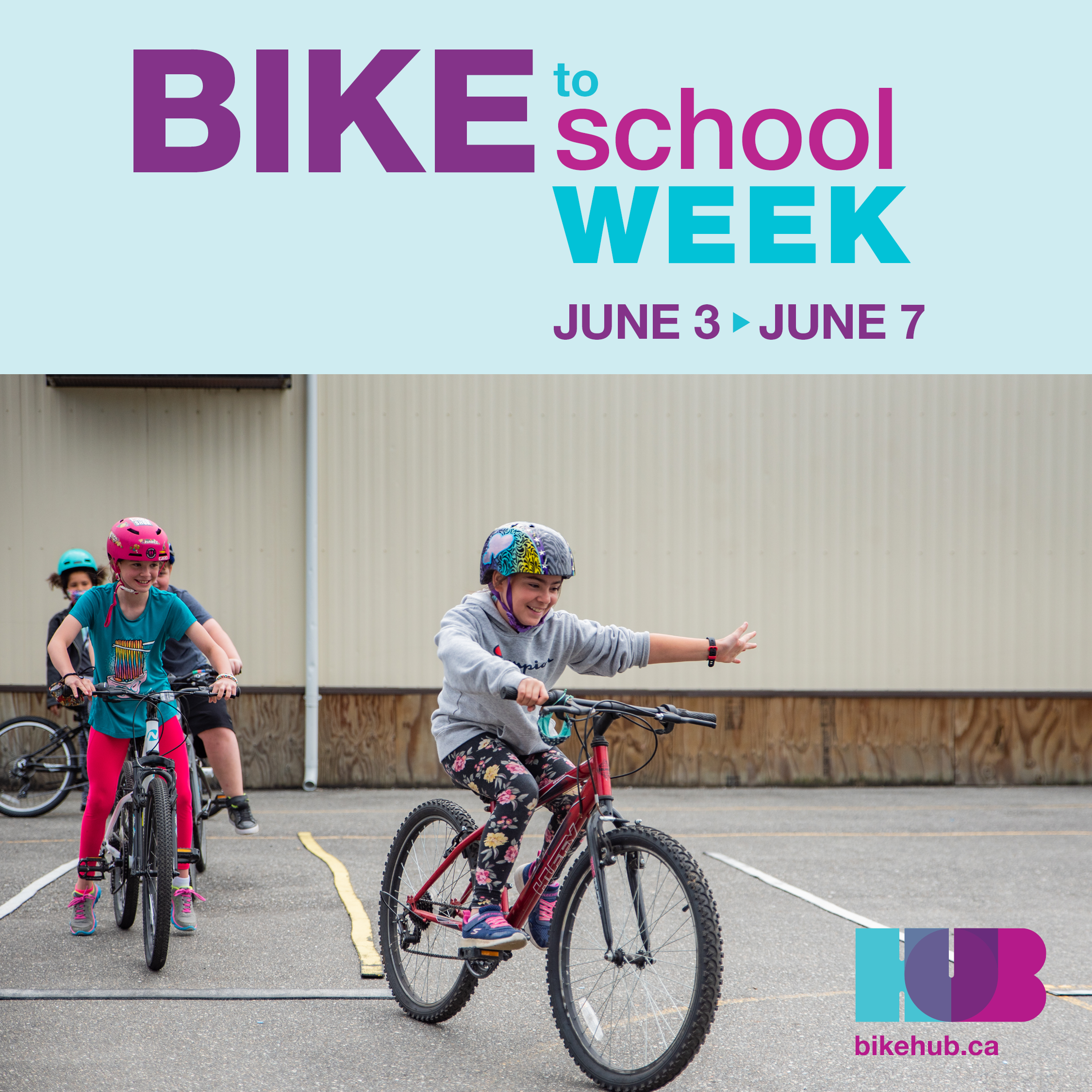 Bike to School Week social graphic with children on riding bikes, child in the foreground is raising left arm to indicate left turn