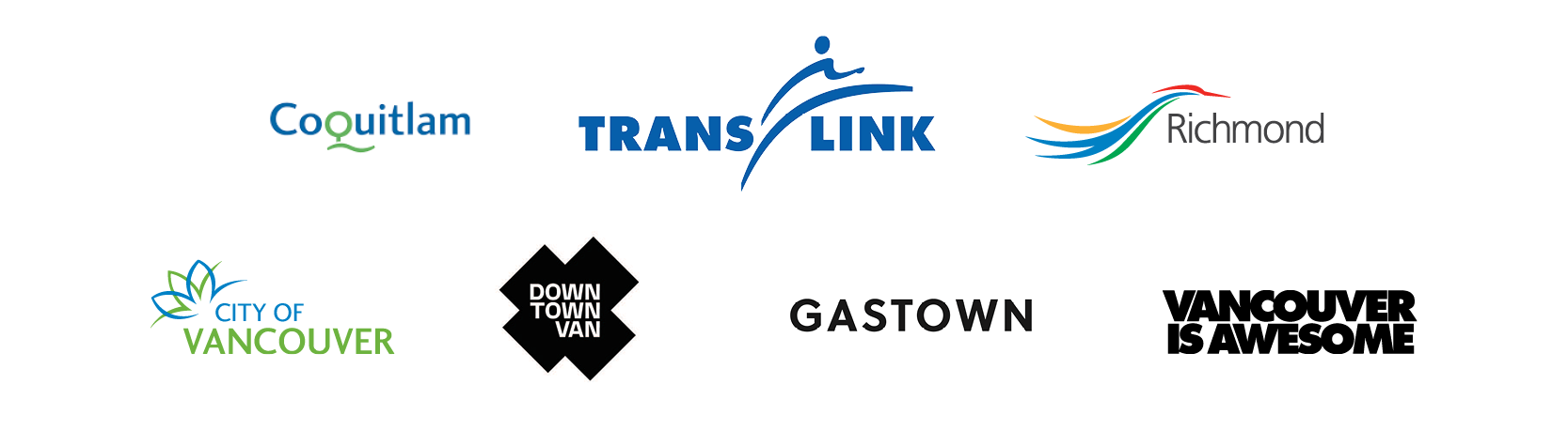2024 Bike to Shop sponsors. A slurry of logos that includes the City of Coquitlam, TransLink, City of Richmond, City of Vancouver, Downtown Van, GASTOWN, and Vancouver Is Awesome.