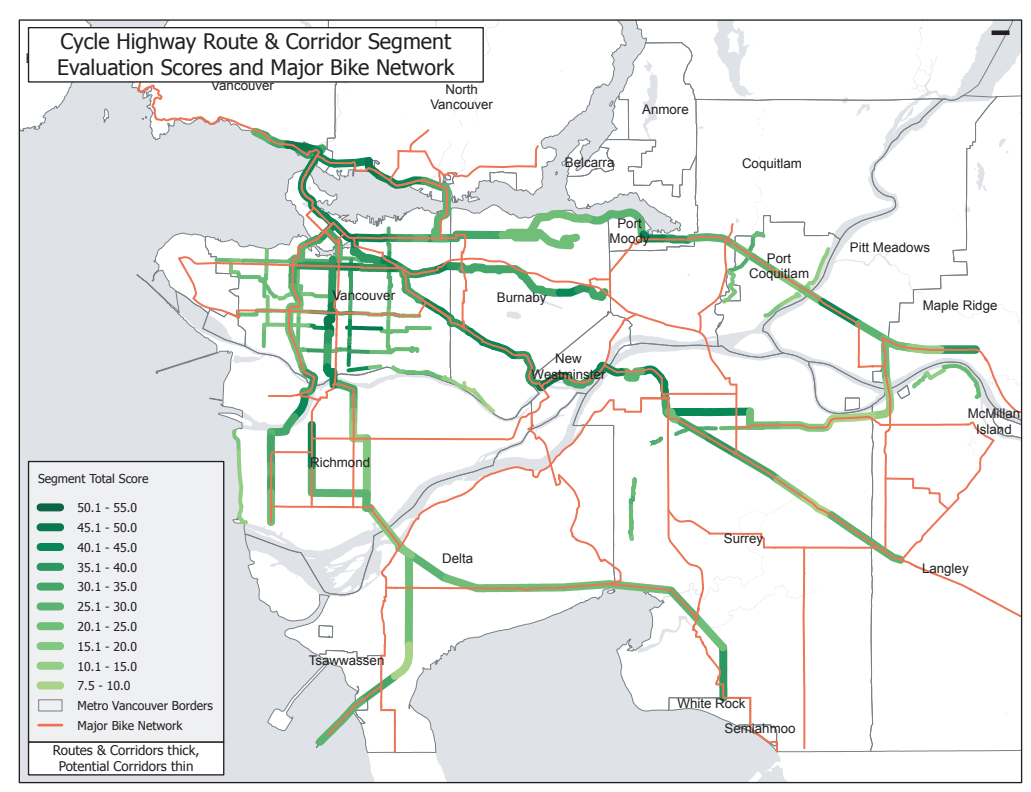 A map that shows the cycle highway route & corridor segment evaluation scores and Major Bike Network.