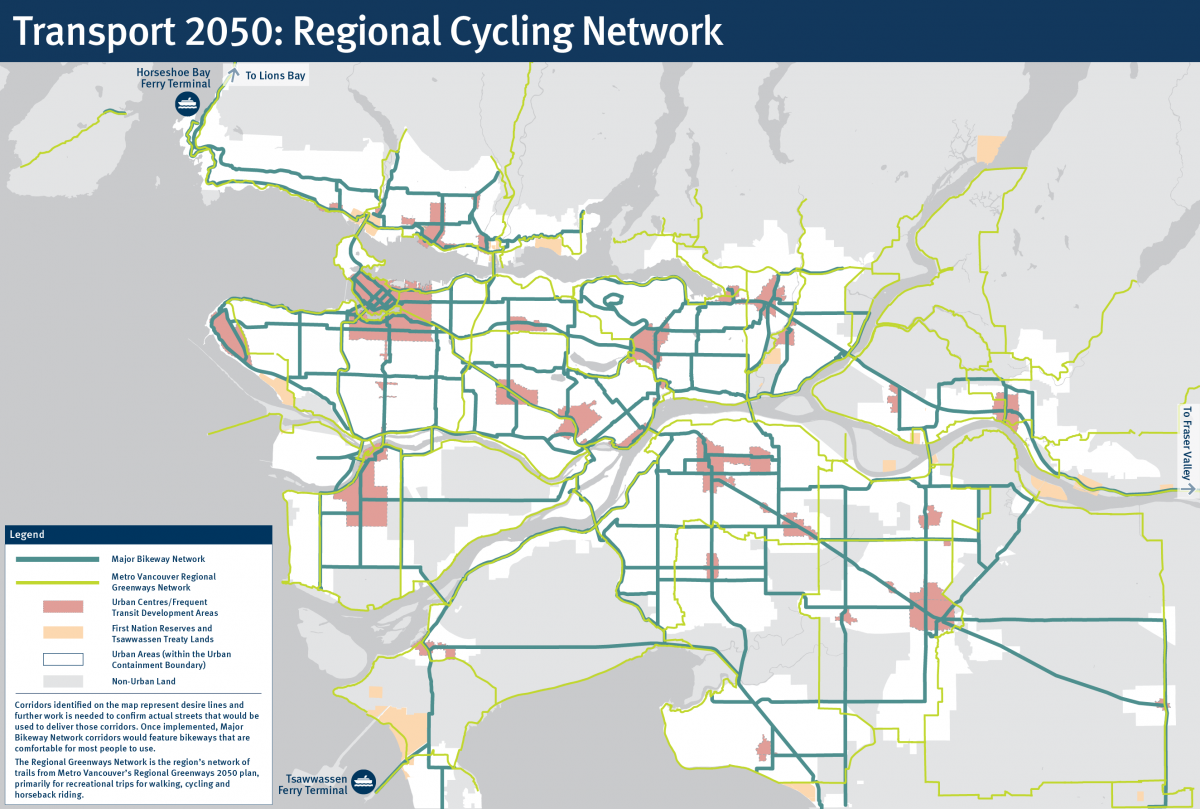 A map that shows the Major Bikeway Network in Metro Vancouver.