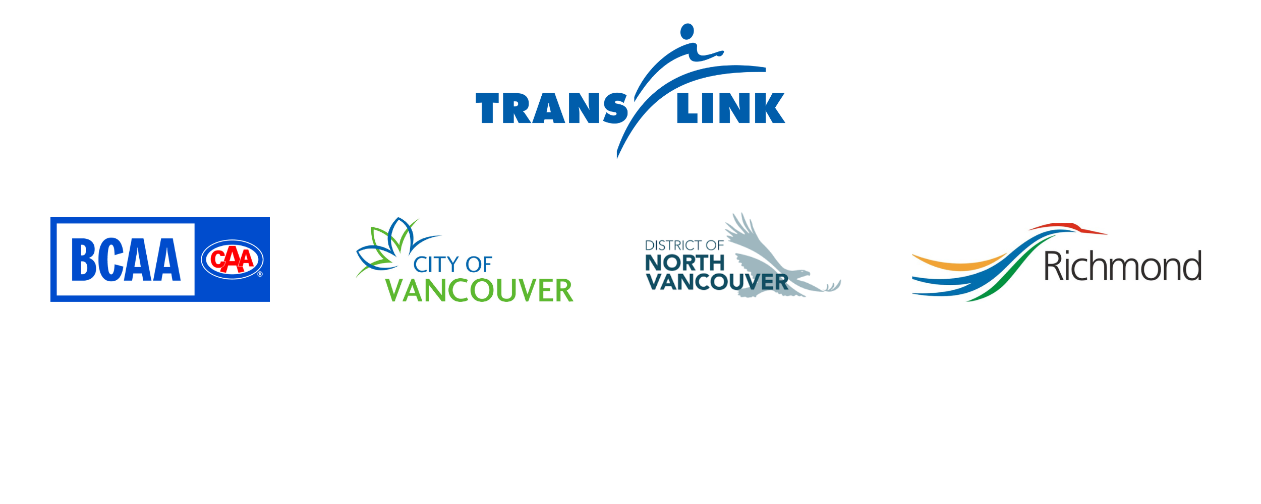 A logo slurry of the program funders. The logos include TransLink, BCAA, City of Vancouver, District of North Vancouver and the City of Richmond.