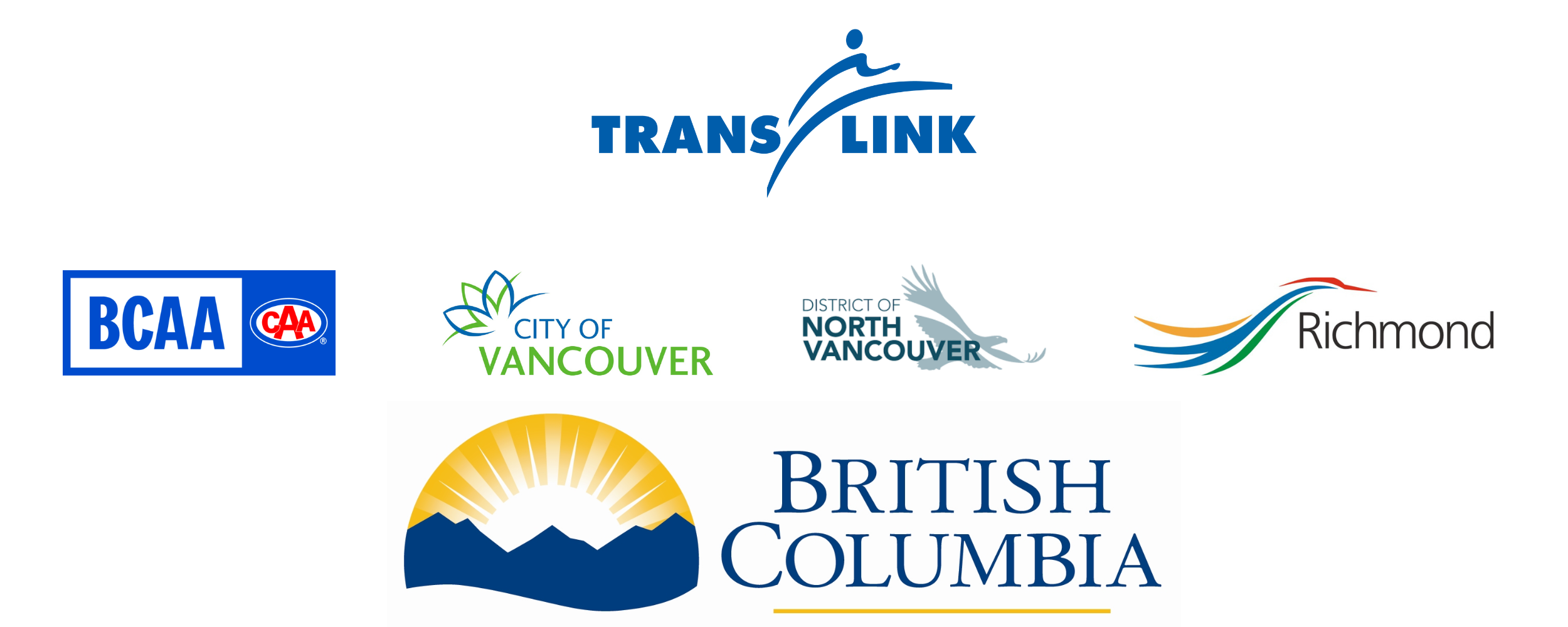 A logo slurry of the program funders. The logos include TransLink, BCAA, City of Vancouver, District of North Vancouver and the City of Richmond.