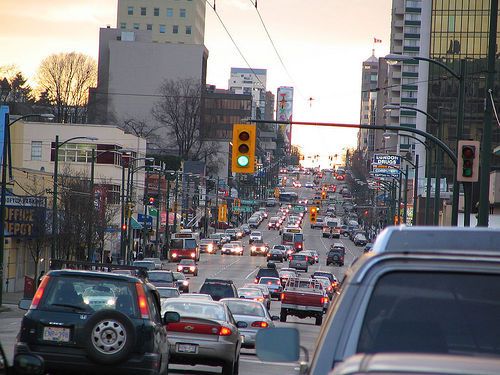 Broadway Street in Vancouver crowded with vehicle traffic.