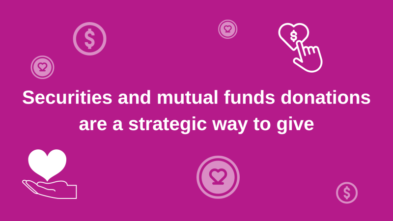 Securities and mutual funds donations are a strategic way to give text in white on a magenta background with donation graphics