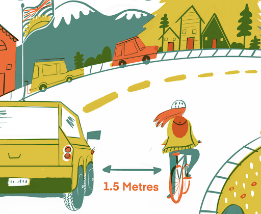 An illustration of a person driving passing a person cycling and leaving a safe passing distance of 1.5-meters.
