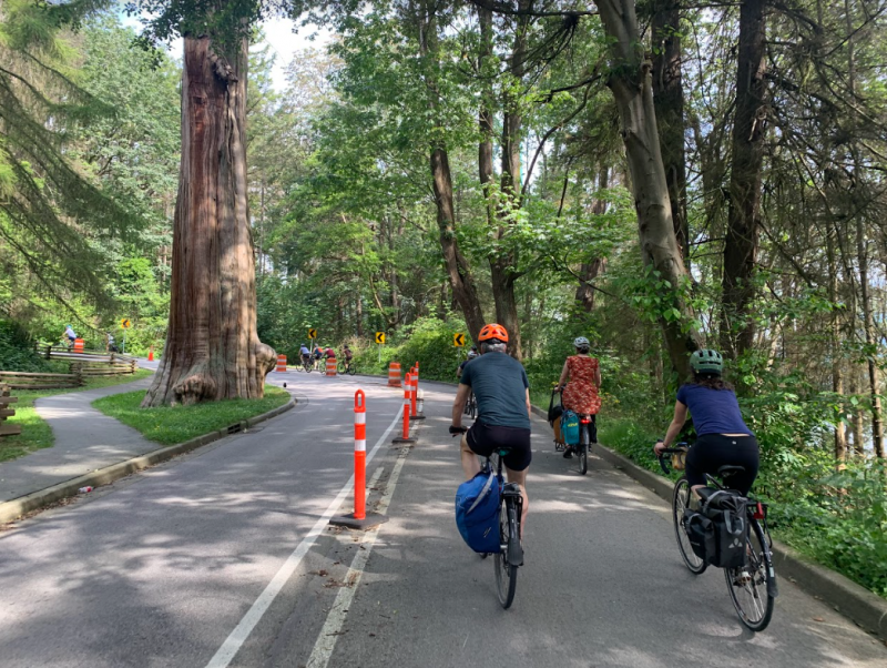 HUB Cycling staff ride their bikes up Pipeline Road through Stanley Park during their 2022 Annual Staff Retreat. They are riding in the temporary bike lane that is separated from vehicle traffic by orange cones.