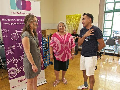 HUB Cycling's Executive Director, Erin O'Melinn, HUB Cycling's Director of Campaigns and Inclusion, Navdeep Chhina, and Elder Carleen Thomas, Special Projects Manager for the Treaty Lands and Resources Department of the Tsleil-Waututh Nation talk.
